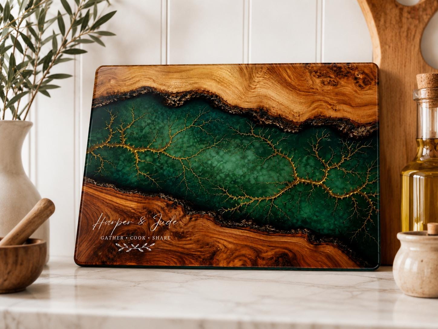 Custom Cutting Board: Blue Resin Style with Gold Accents - Personalized Gift