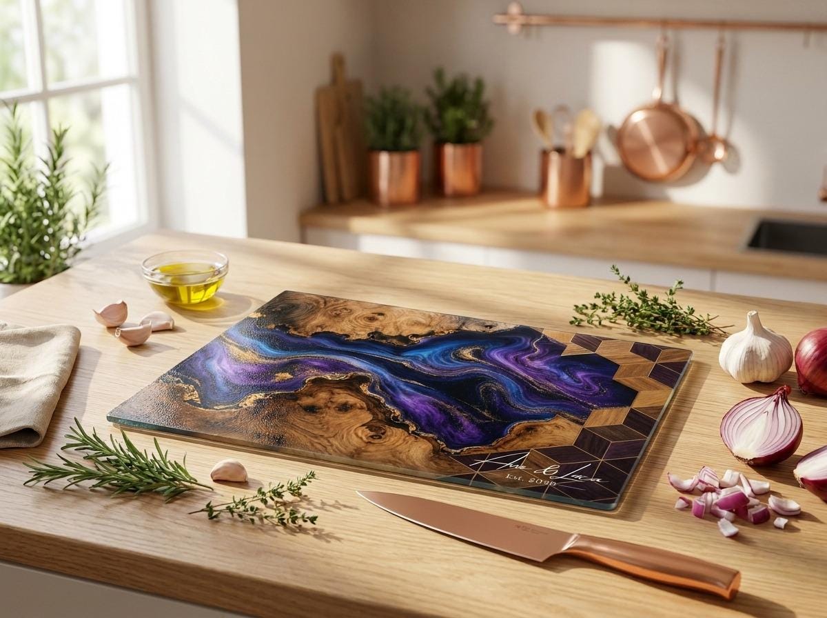 Personalized Glass Chopping Board, Blue Purple Resin River Look, Custom Family Name Kitchen Gift
