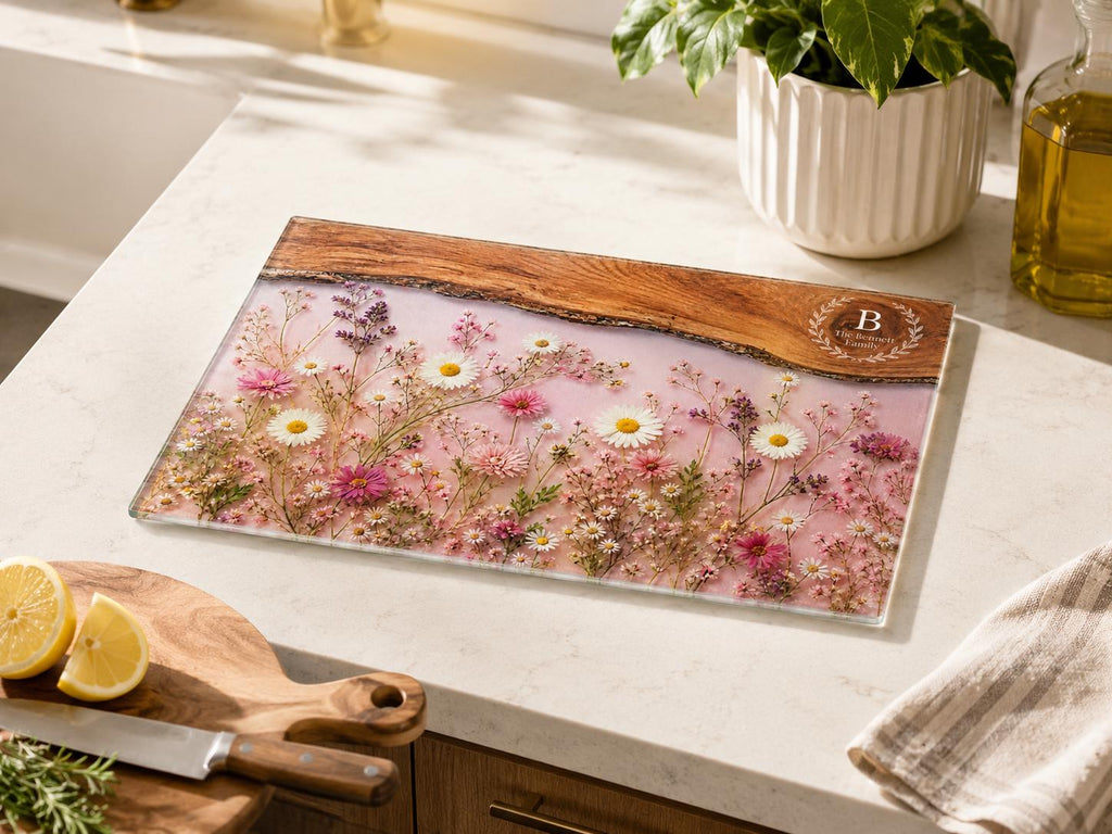 Personalized Family Monogram Serving Board, Pink Wildflower Glass Board, Custom Housewarming Gift