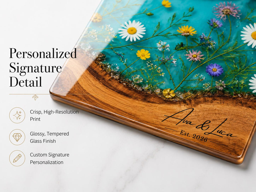 Personalized Turquoise Floral Glass Board, Custom Couple Cutting Board, Wildflower Kitchen Gift