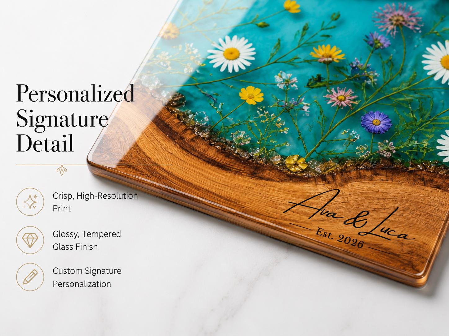 Personalized Turquoise Floral Glass Board, Custom Couple Cutting Board, Wildflower Kitchen Gift