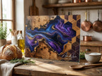 Personalized Glass Chopping Board, Blue Purple Resin River Look, Custom Family Name Kitchen Gift