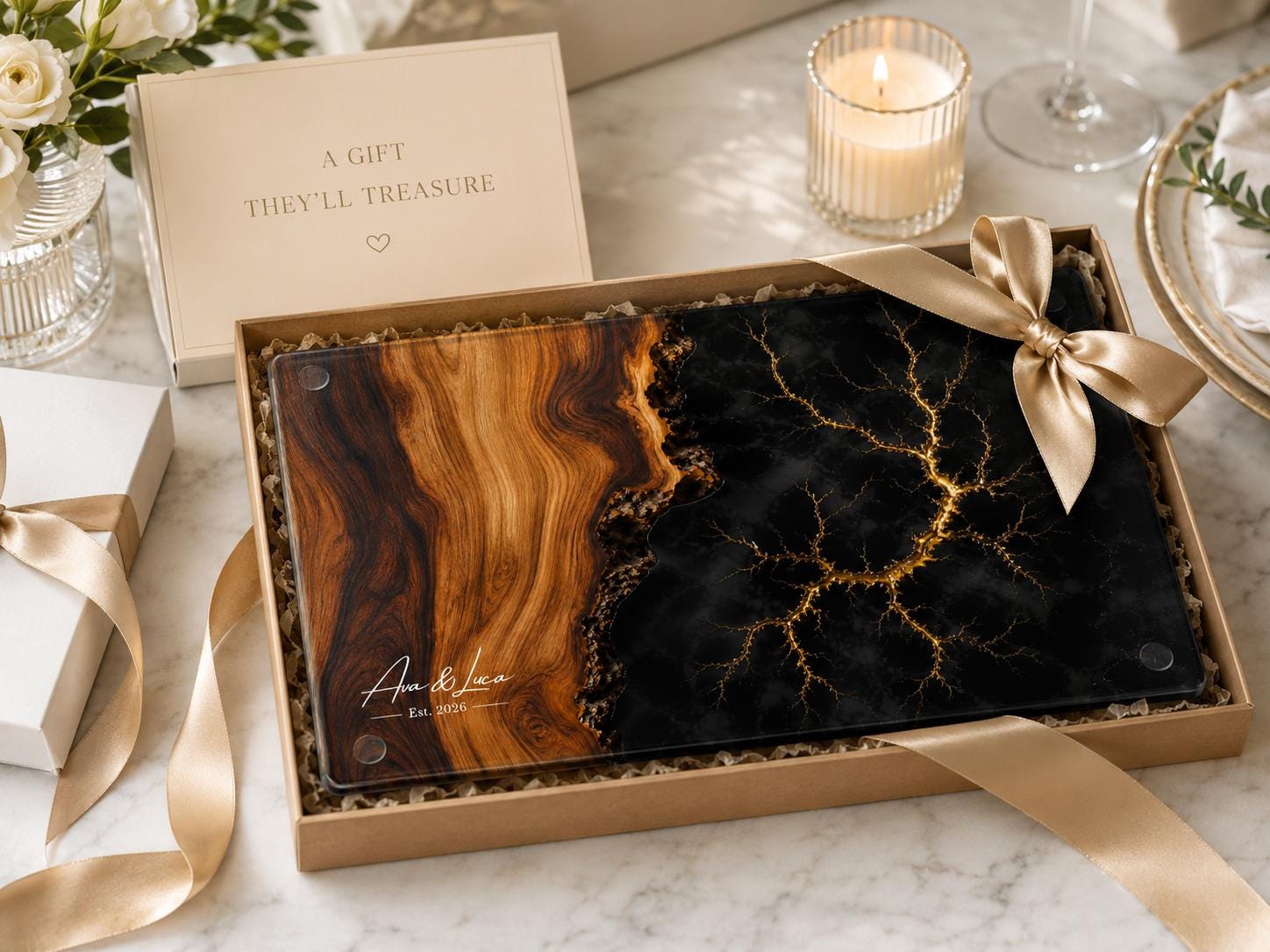 Personalized Glass Cutting Board, Purple Geode, Gold Accents (2 Sizes)