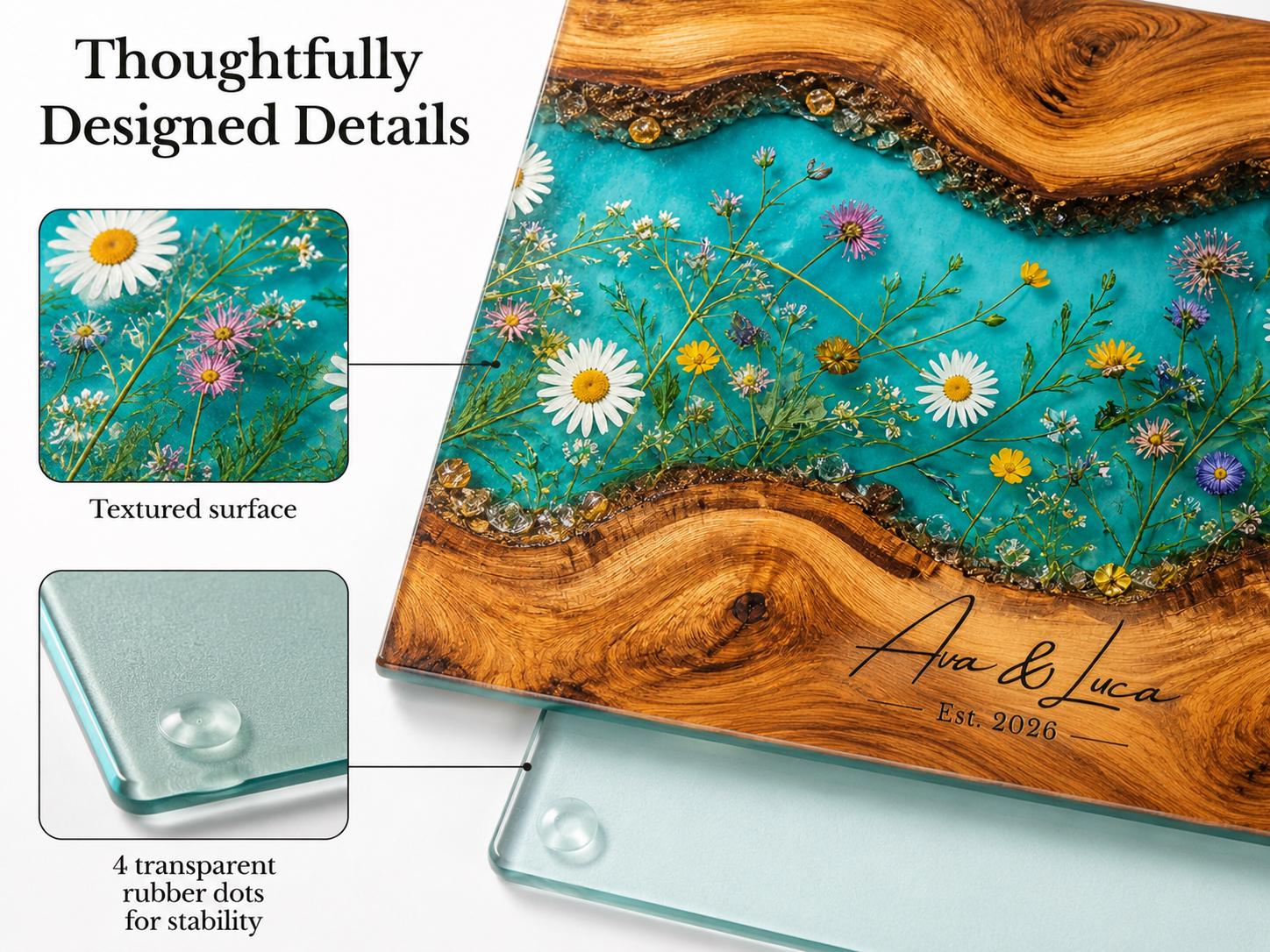 Personalized Turquoise Floral Glass Board, Custom Couple Cutting Board, Wildflower Kitchen Gift