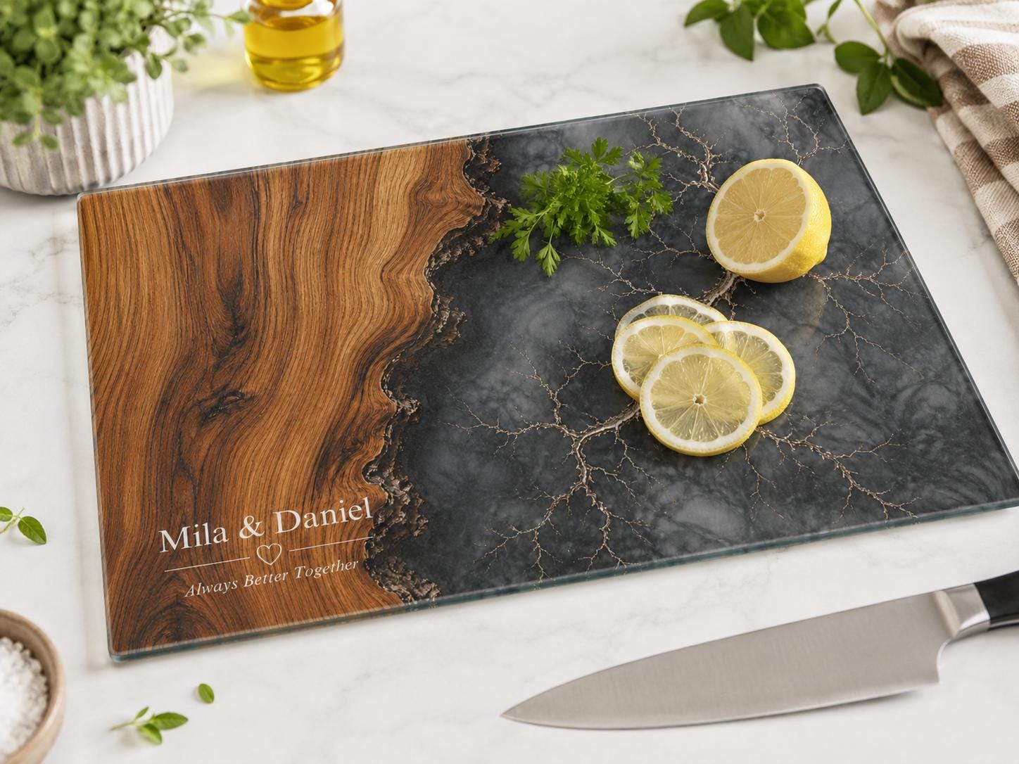 Personalized Cutting Board, Glass Gray Marble Chopping Board, Wedding Gift Idea