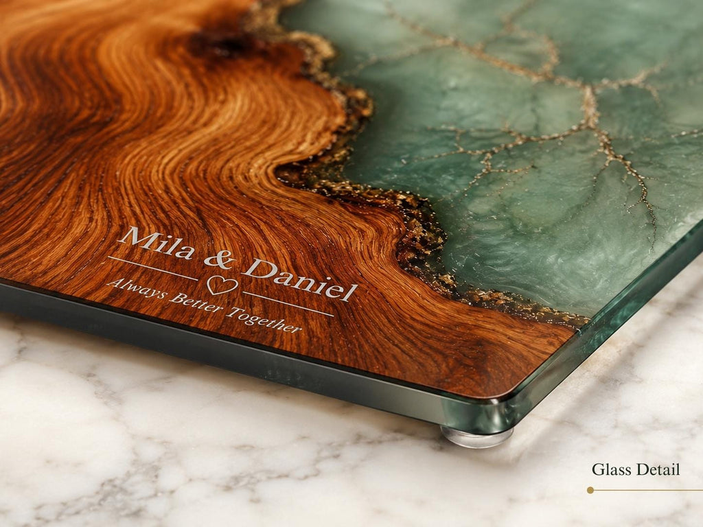 Personalized Charcuterie Board, Green Marble Glass Cutting Board, Custom Couple Gift