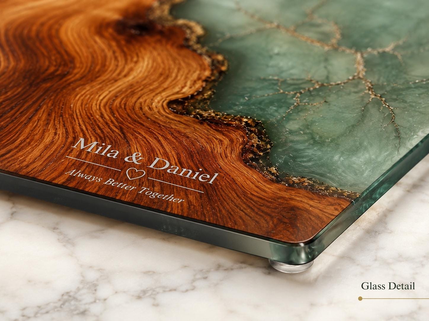 Personalized Charcuterie Board, Green Marble Glass Cutting Board, Custom Couple Gift