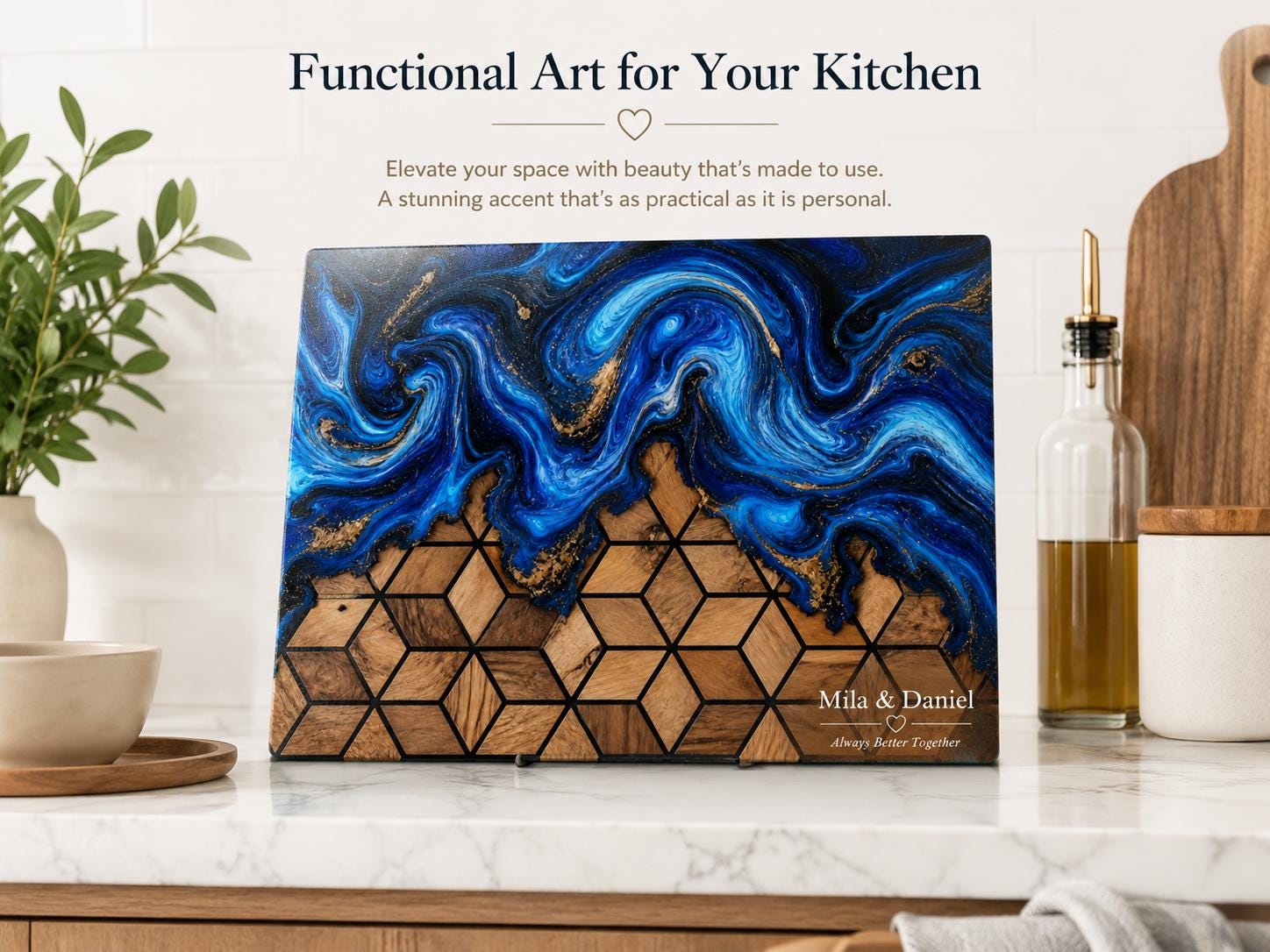 Custom Glass Cutting Board: Blue Resin Style - Names and Dates Included