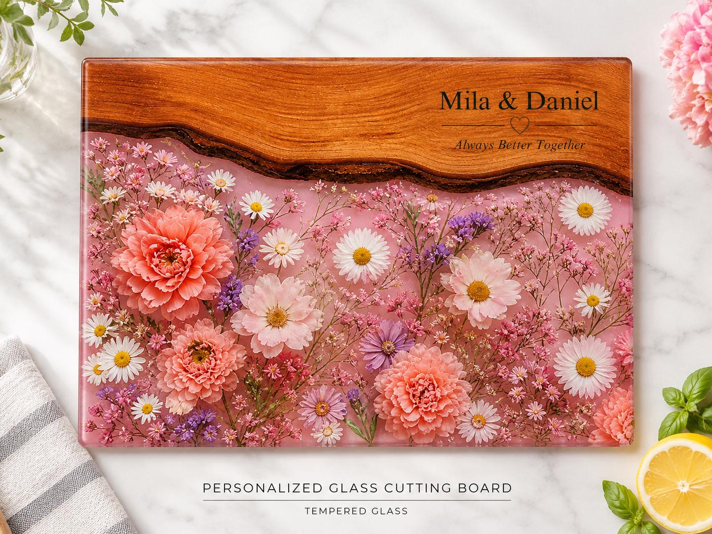 Personalized Glass Cutting Board, Pink Floral Tempered Glass Board, Custom Couple Wedding Gift