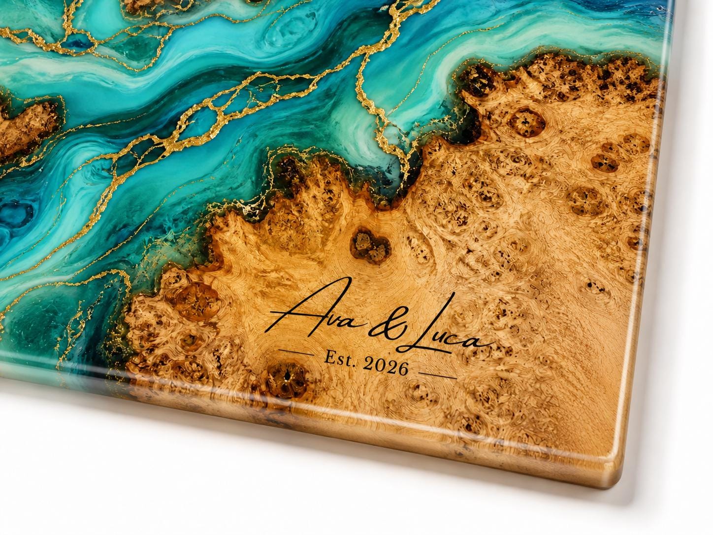 Custom Serving Board, Teal Gold Charcuterie Board, Personalized Kitchen Gift for Couple