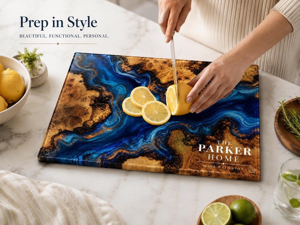 Custom Cutting Board: Blue Resin Look - Personalized Couple Names