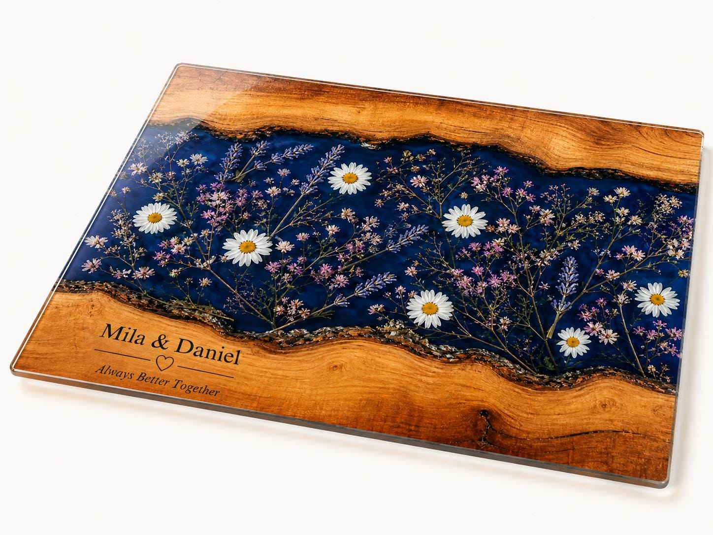 Personalized Glass Cutting Board: Blue Resin Look with Gold Accents