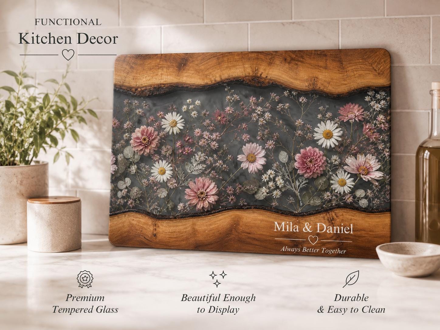 Personalized Floral Cutting Board, Dark Wildflower Glass Board, Custom Couple Kitchen Gift