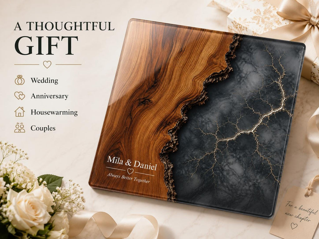 Personalized Cutting Board, Glass Gray Marble Chopping Board, Wedding Gift Idea