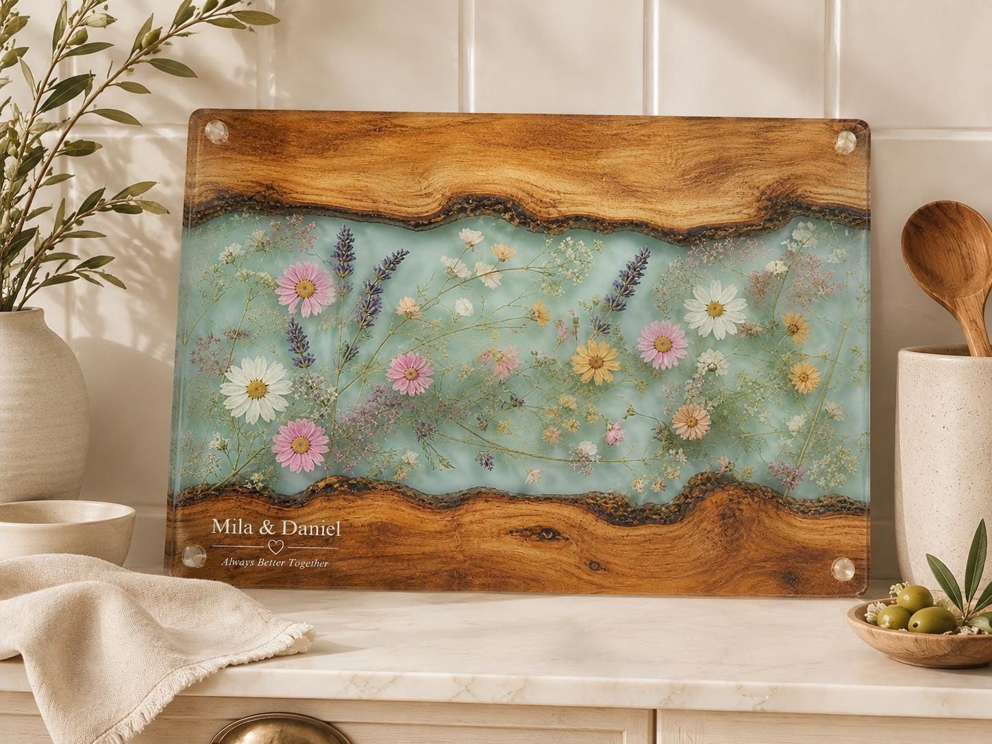Glass Charcuterie Board: Personalized Blue Resin Design (Two Sizes)