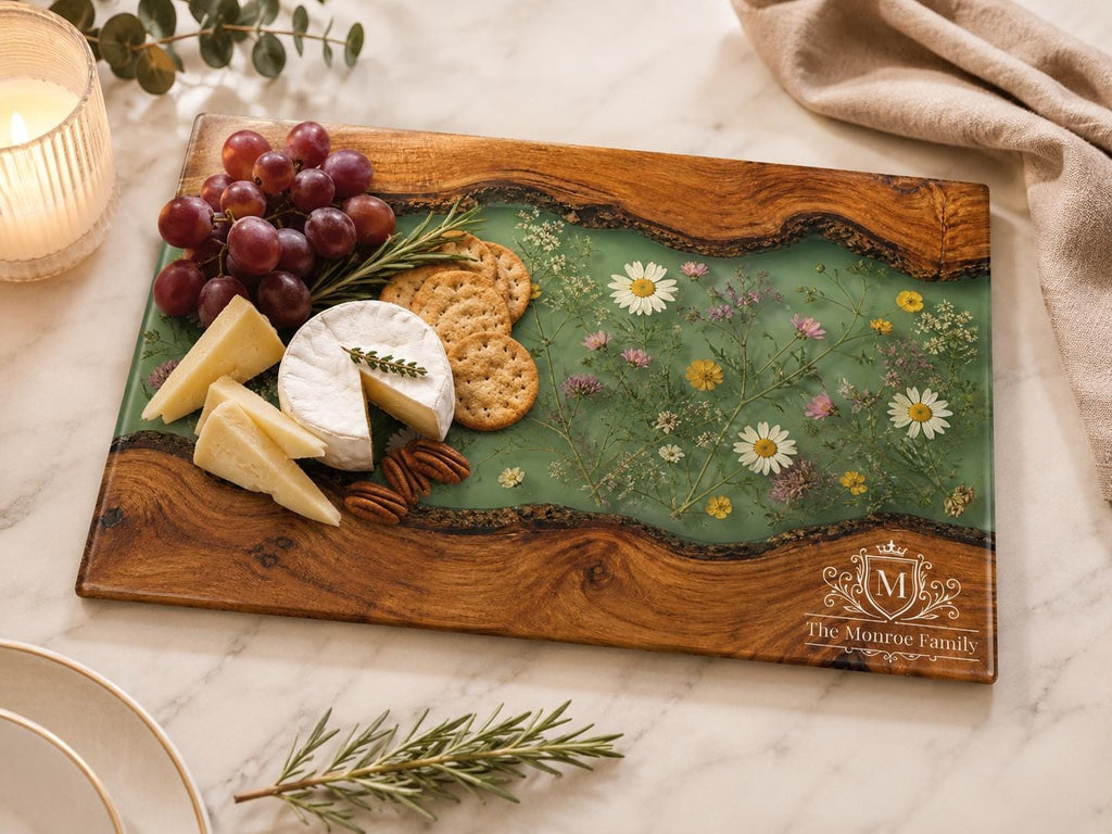 Personalized Cutting Board, Green Floral Chopping Board, Family Kitchen Gift