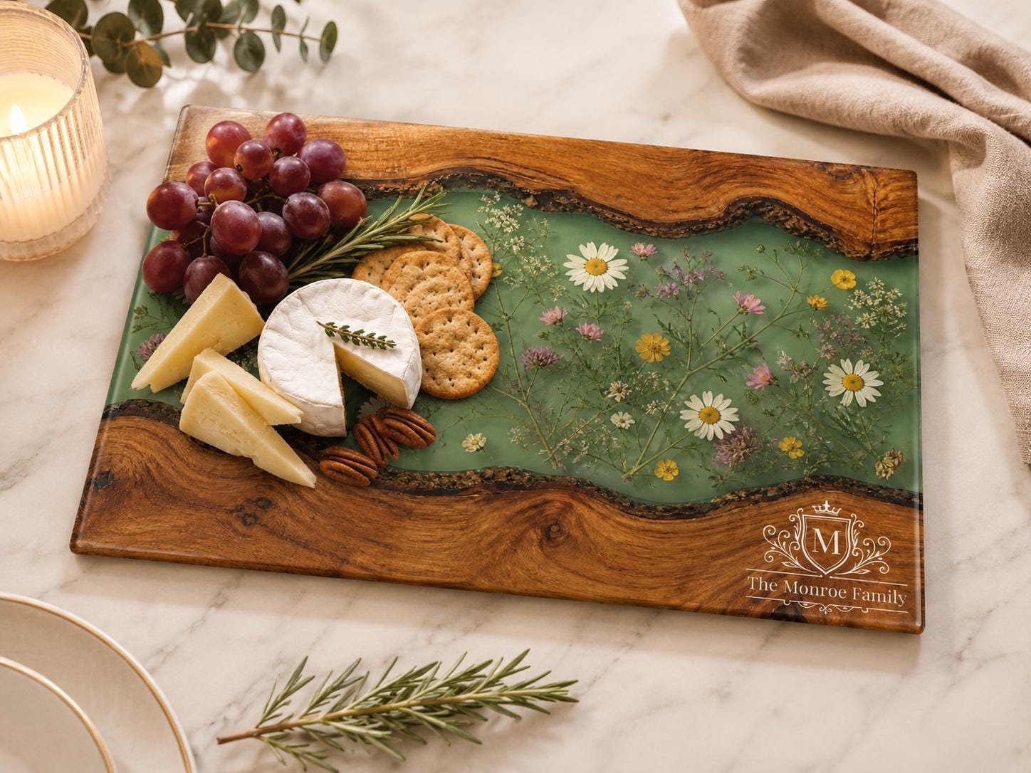 Personalized Cutting Board, Green Floral Chopping Board, Family Kitchen Gift