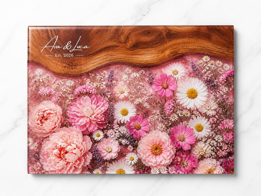 Personalized Floral Cutting Board, Pink Wildflower Glass Board, Custom Kitchen Gift