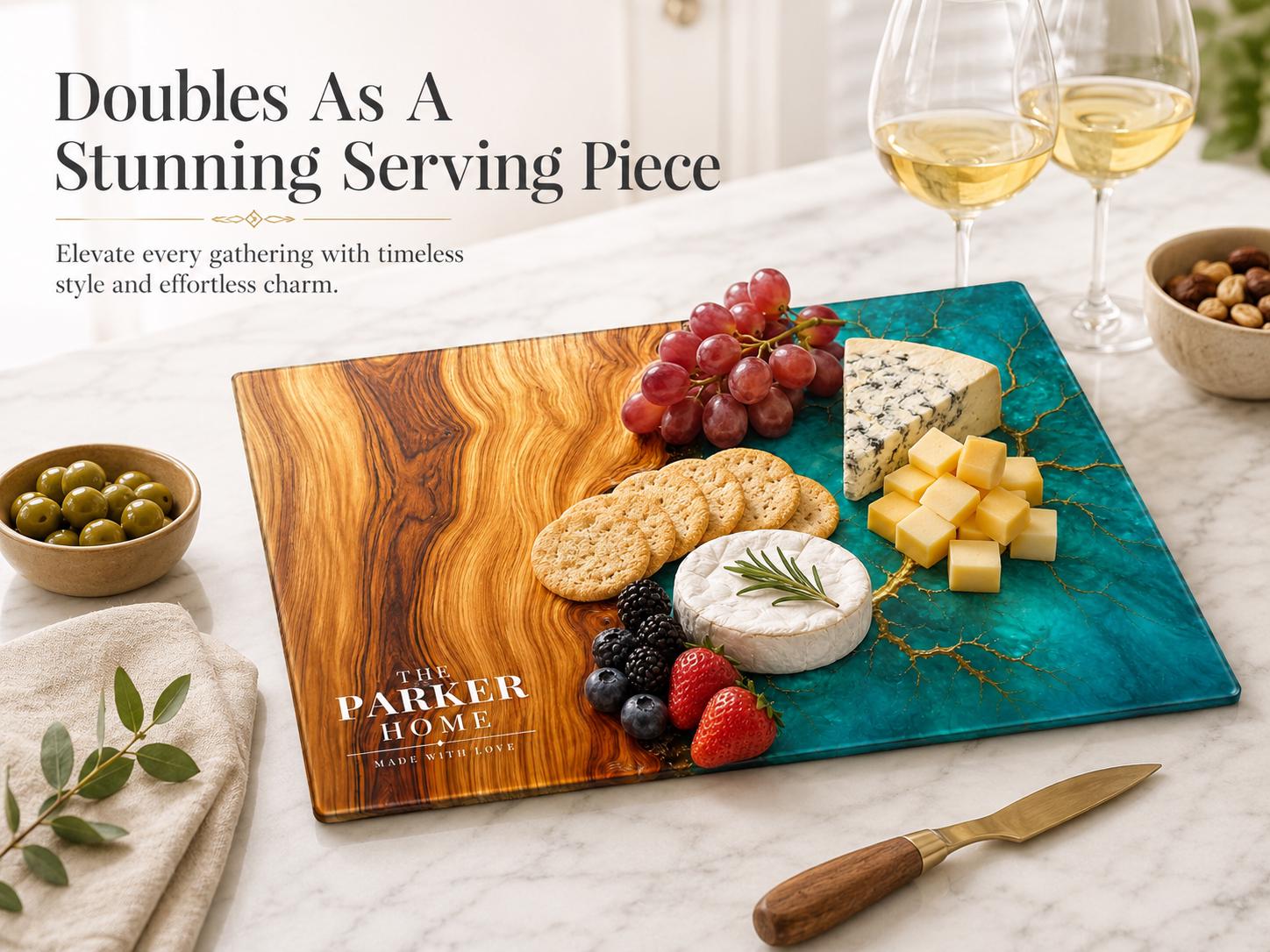 Personalized Glass Charcuterie Board, Teal Wood Look Serving Board, Custom Cheese Board Gift for Wedding or Housewarming