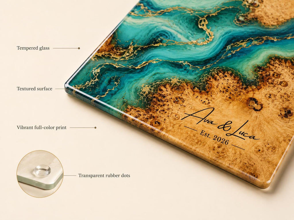 Custom Serving Board, Teal Gold Charcuterie Board, Personalized Kitchen Gift for Couple