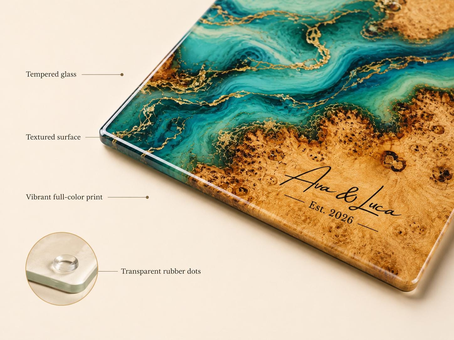Custom Serving Board, Teal Gold Charcuterie Board, Personalized Kitchen Gift for Couple