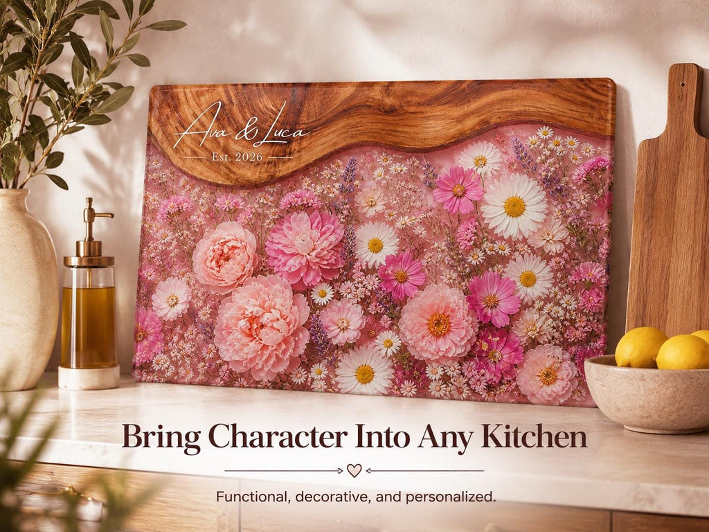Personalized Floral Cutting Board, Pink Wildflower Glass Board, Custom Kitchen Gift