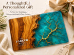 Personalized Glass Charcuterie Board, Teal Wood Look Serving Board, Custom Cheese Board Gift for Wedding or Housewarming