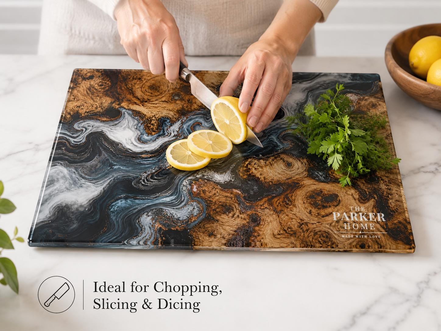 Personalized Glass Cutting Board: Blue Resin Look with Gold Accents