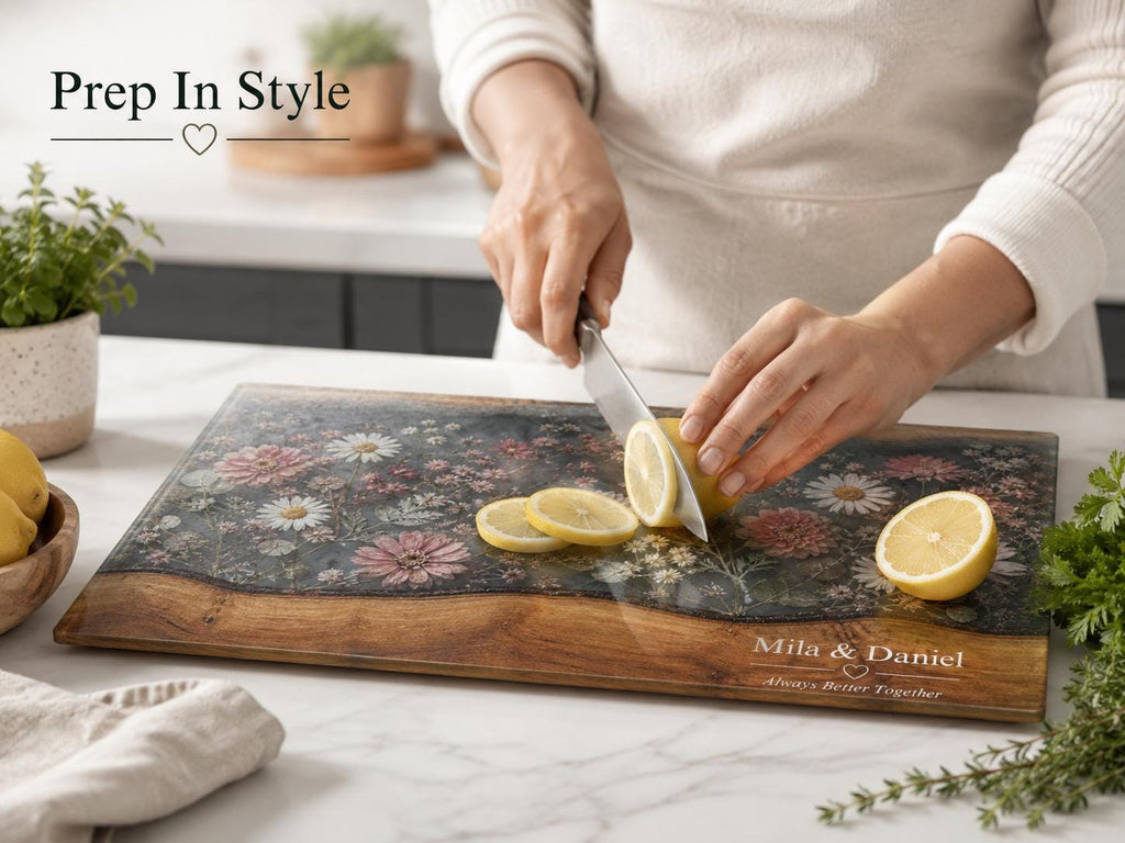 Personalized Floral Cutting Board, Dark Wildflower Glass Board, Custom Couple Kitchen Gift