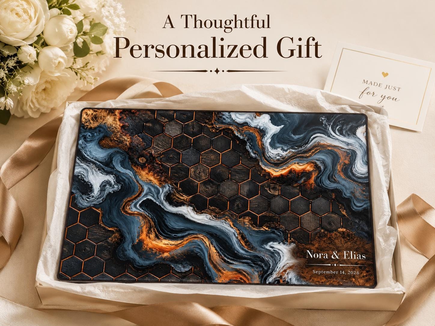 Custom Glass Cutting Board - Blue Resin Style with Gold Detail