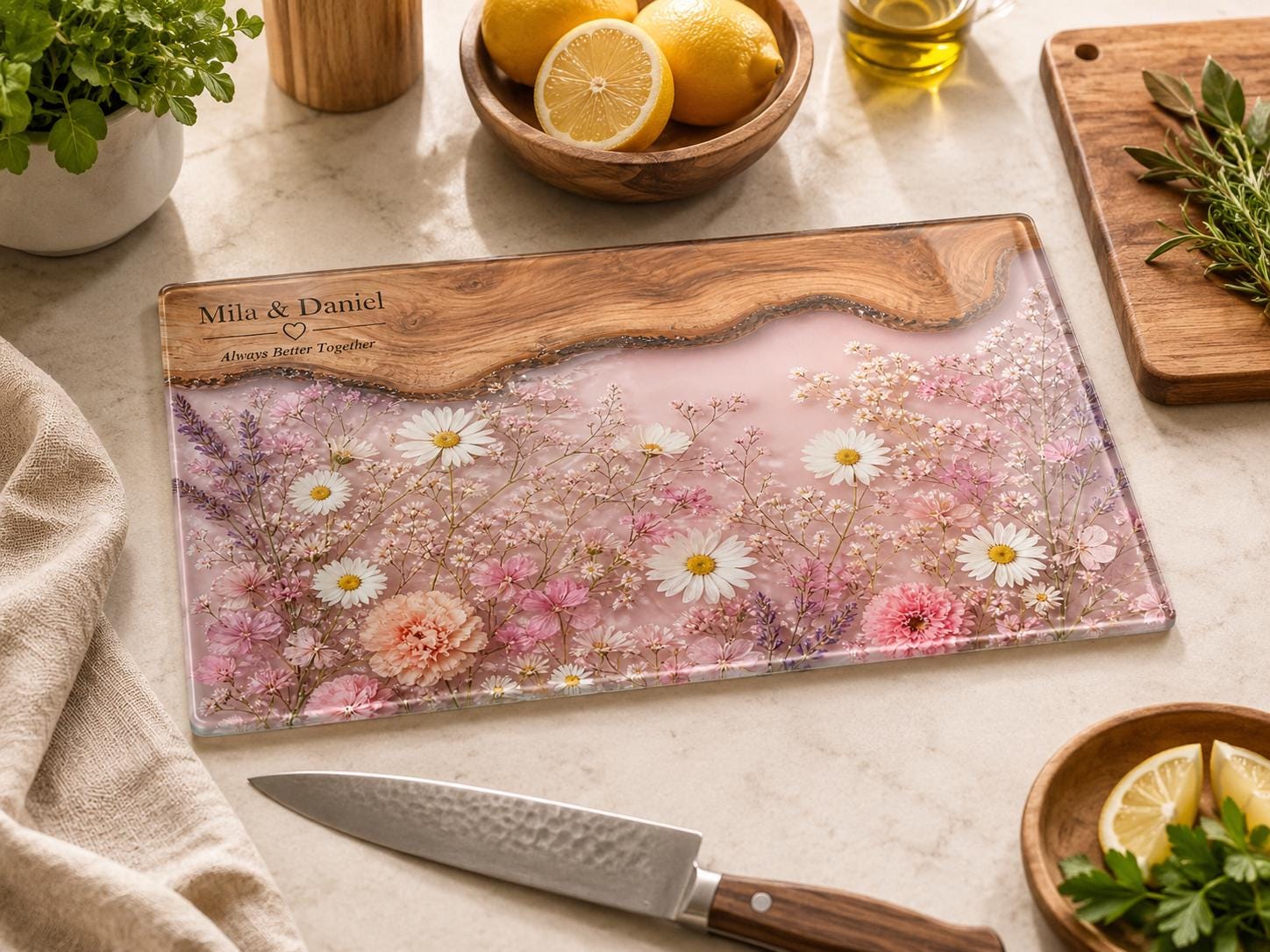 Personalized Chopping Board, Pink Floral Cheese Board, Bridal Shower Gift