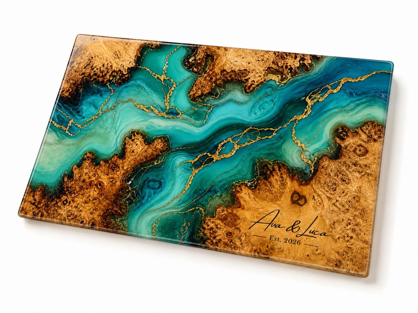 Custom Serving Board, Teal Gold Charcuterie Board, Personalized Kitchen Gift for Couple