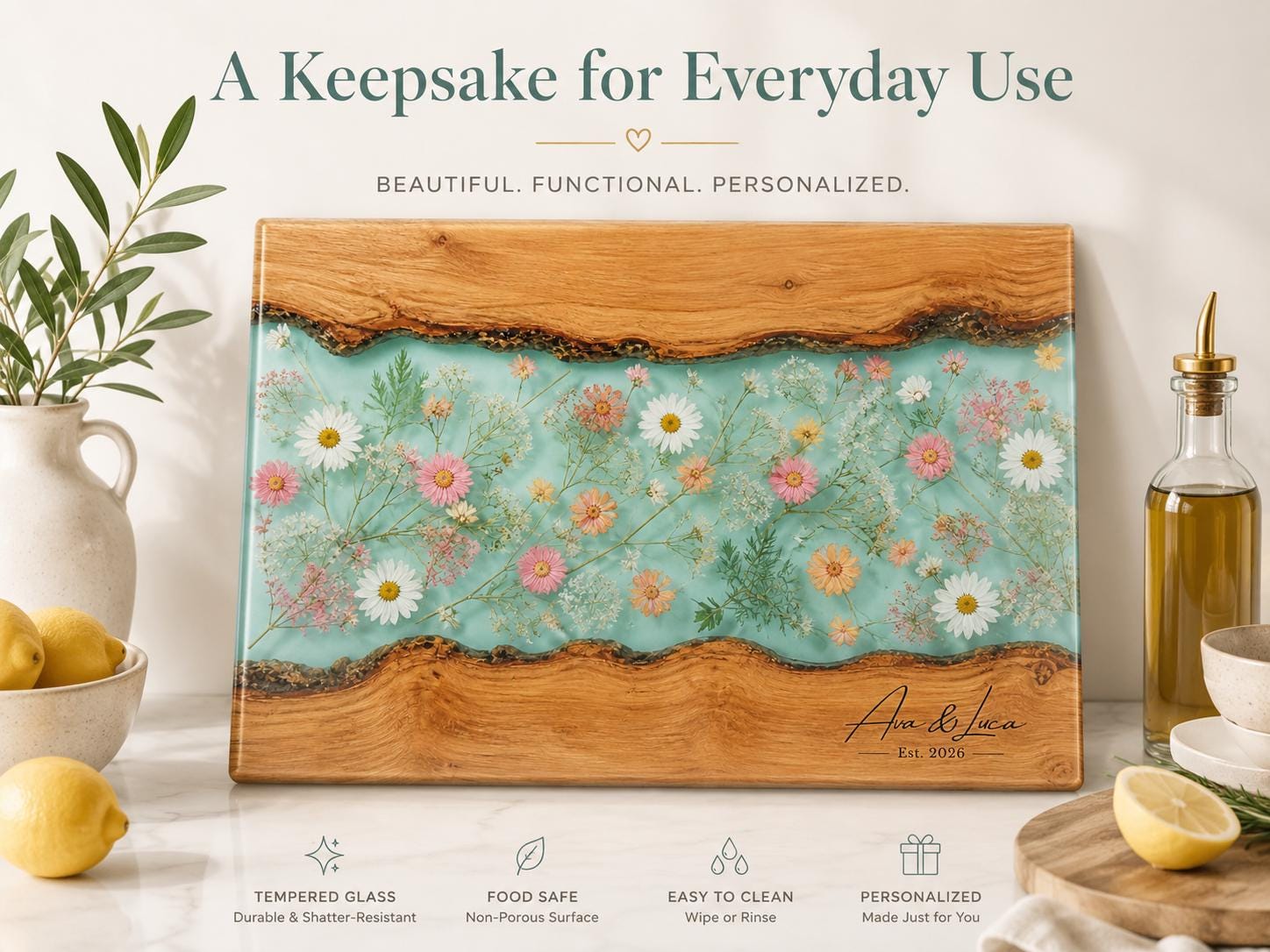 Personalized Glass Cutting Board: Blue Resin Look with Gold Accents