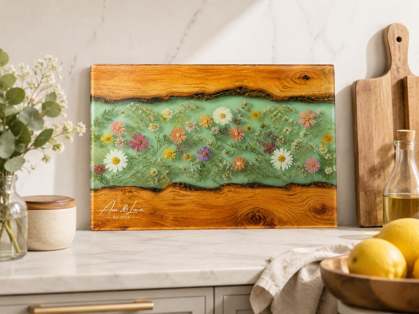 Custom Chopping Board with Names, Mint Floral Glass Cutting Board, Personalized Kitchen Gift
