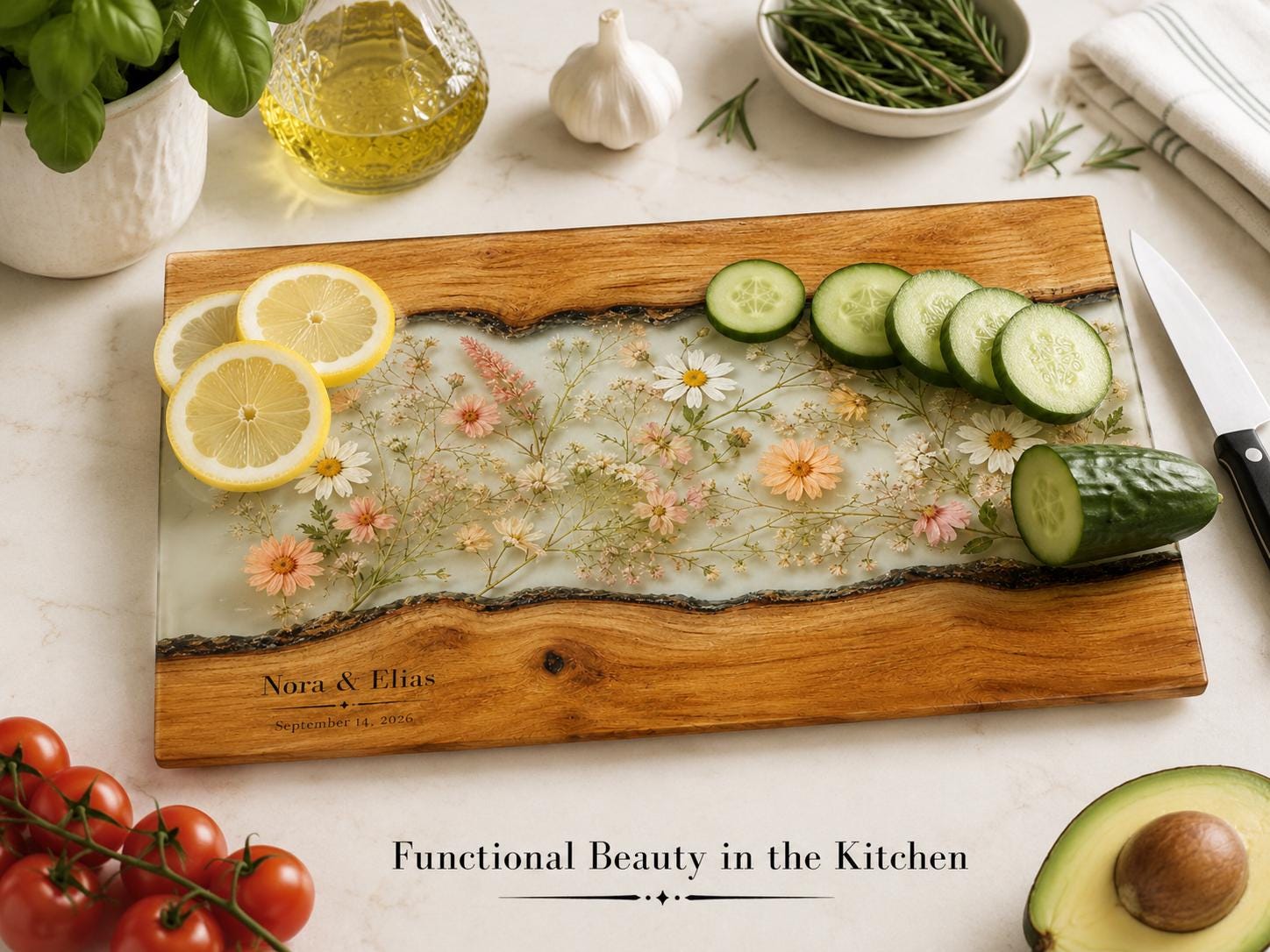 Personalized Cutting Board, Ivory Floral Cheese Board, Wedding Gift Idea