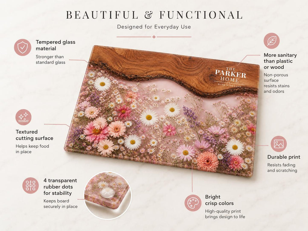 Personalized Glass Cutting Board: Purple Geode Design with Names