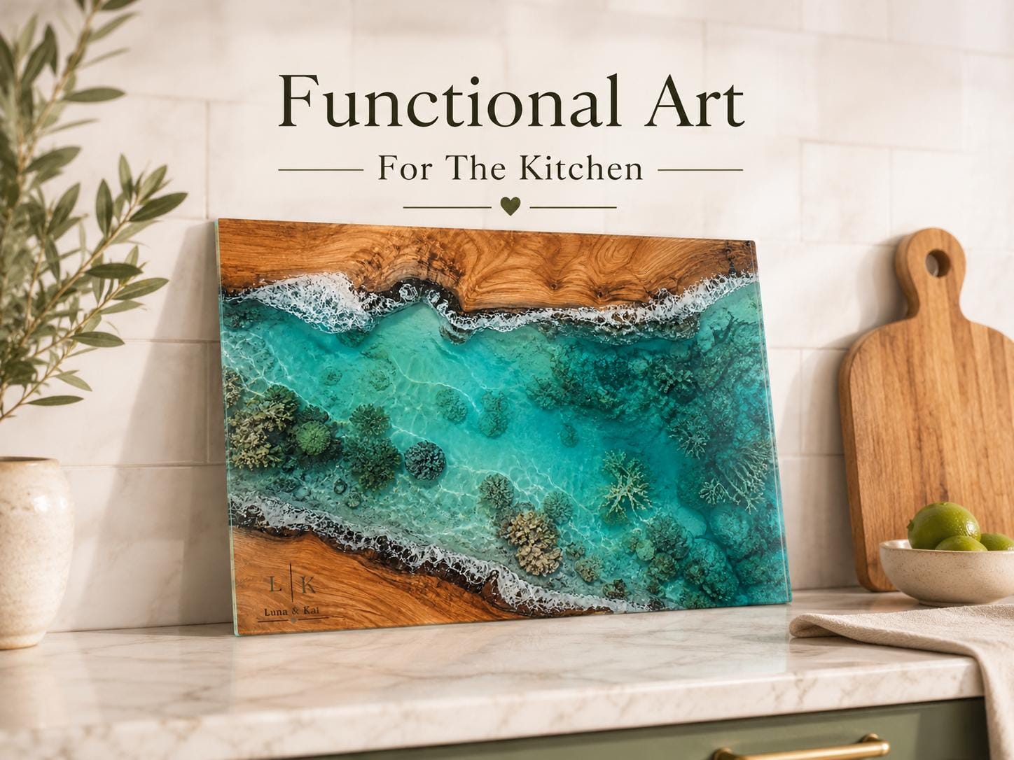 Personalized Glass Cutting Board: Blue Resin Look, Custom Names