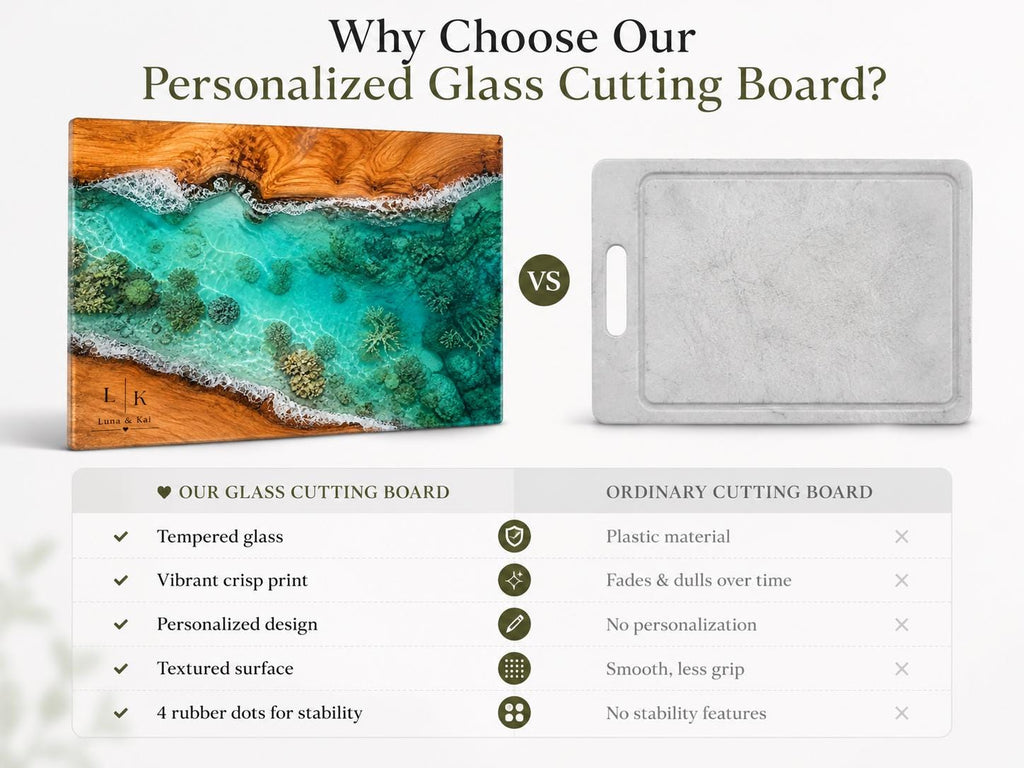 Personalized Glass Cutting Board: Blue Resin Look, Custom Names