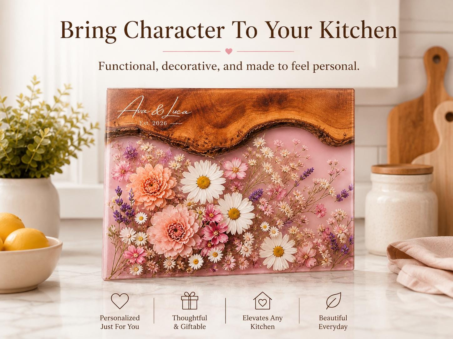 Bridal Shower Gift Cutting Board, Pink Floral Personalized Cheese Board