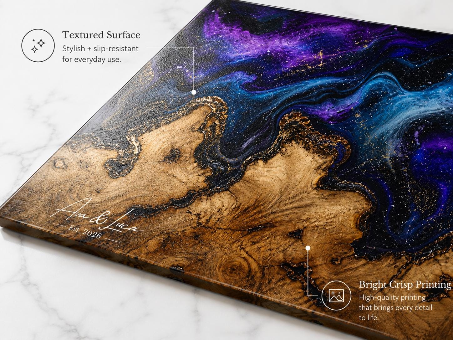 Custom Glass Cutting Board: Purple Geode Style - Personalized Names