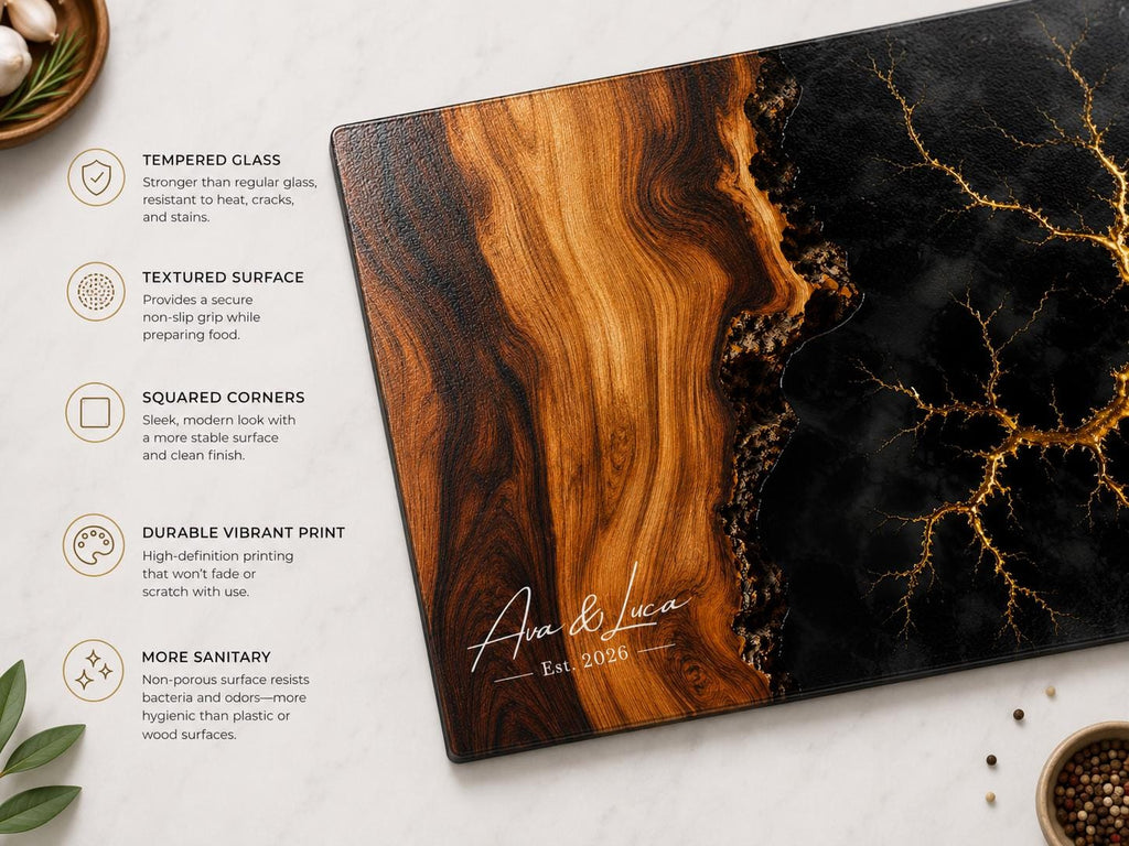 Personalized Glass Cutting Board, Purple Geode, Gold Accents (2 Sizes)