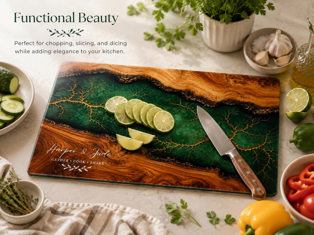 Custom Cutting Board: Blue Resin Style with Gold Accents - Personalized Gift