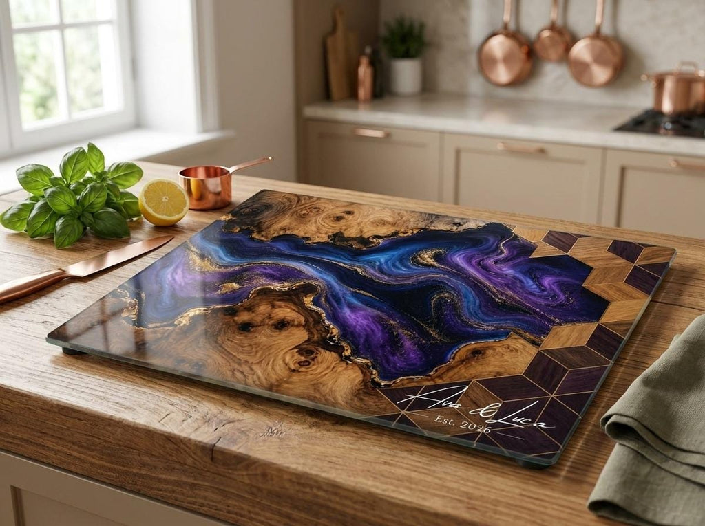 Personalized Glass Chopping Board, Blue Purple Resin River Look, Custom Family Name Kitchen Gift