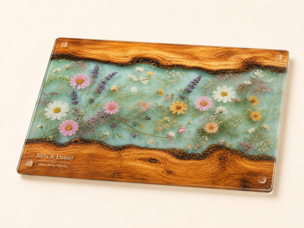 Glass Charcuterie Board: Personalized Blue Resin Design (Two Sizes)