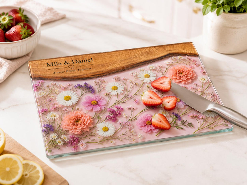 Personalized Floral Charcuterie Board, Pink Glass Serving Board, Custom Couple Cheese Board Gift