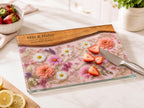 Personalized Floral Charcuterie Board, Pink Glass Serving Board, Custom Couple Cheese Board Gift