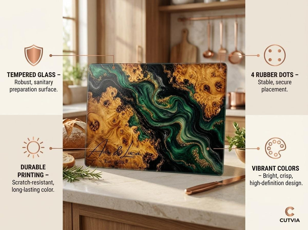 Personalized Green Geode Glass Cutting Board, Custom Couple Name Serving Tray