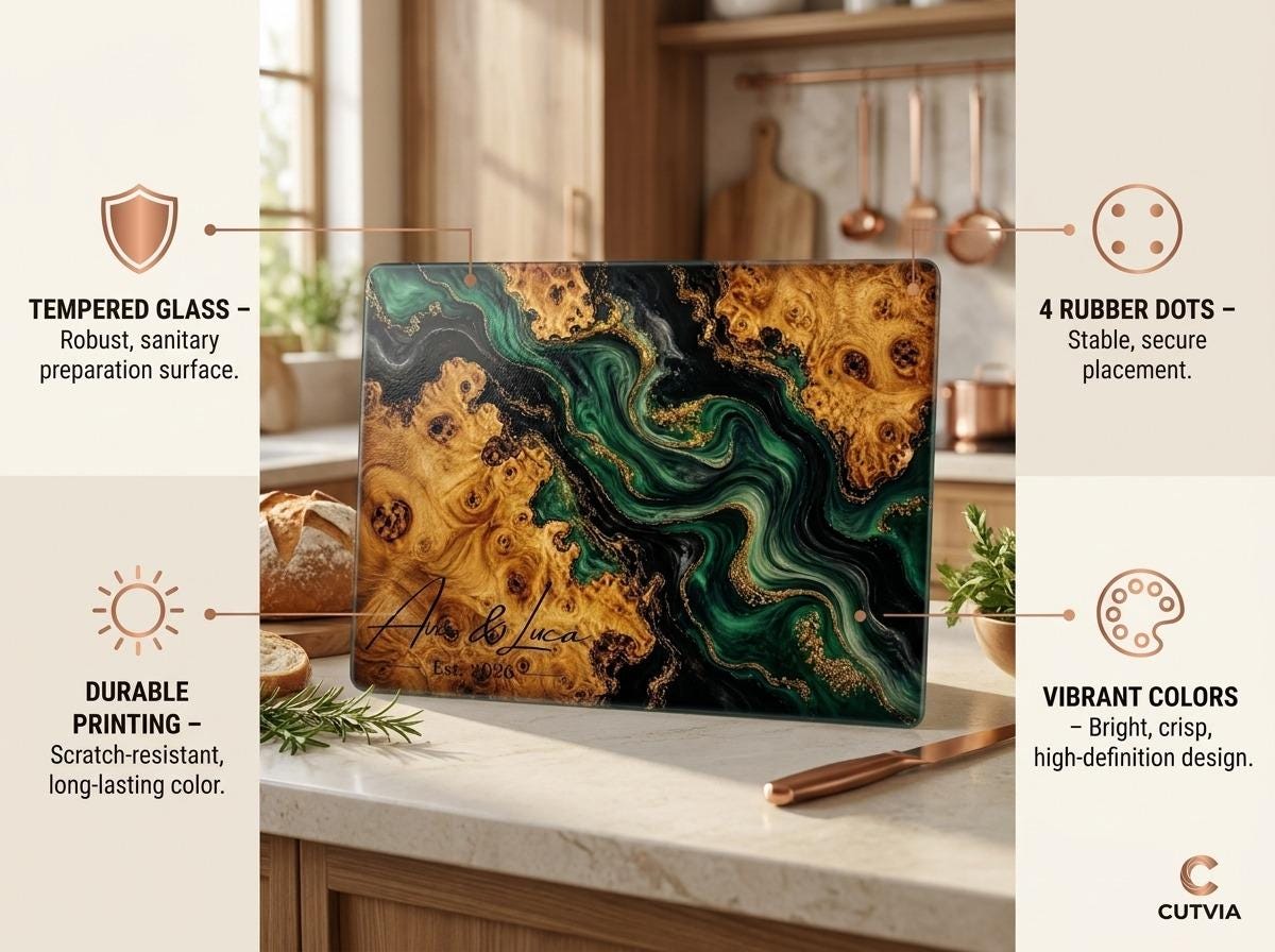 Personalized Green Geode Glass Cutting Board, Custom Couple Name Serving Tray