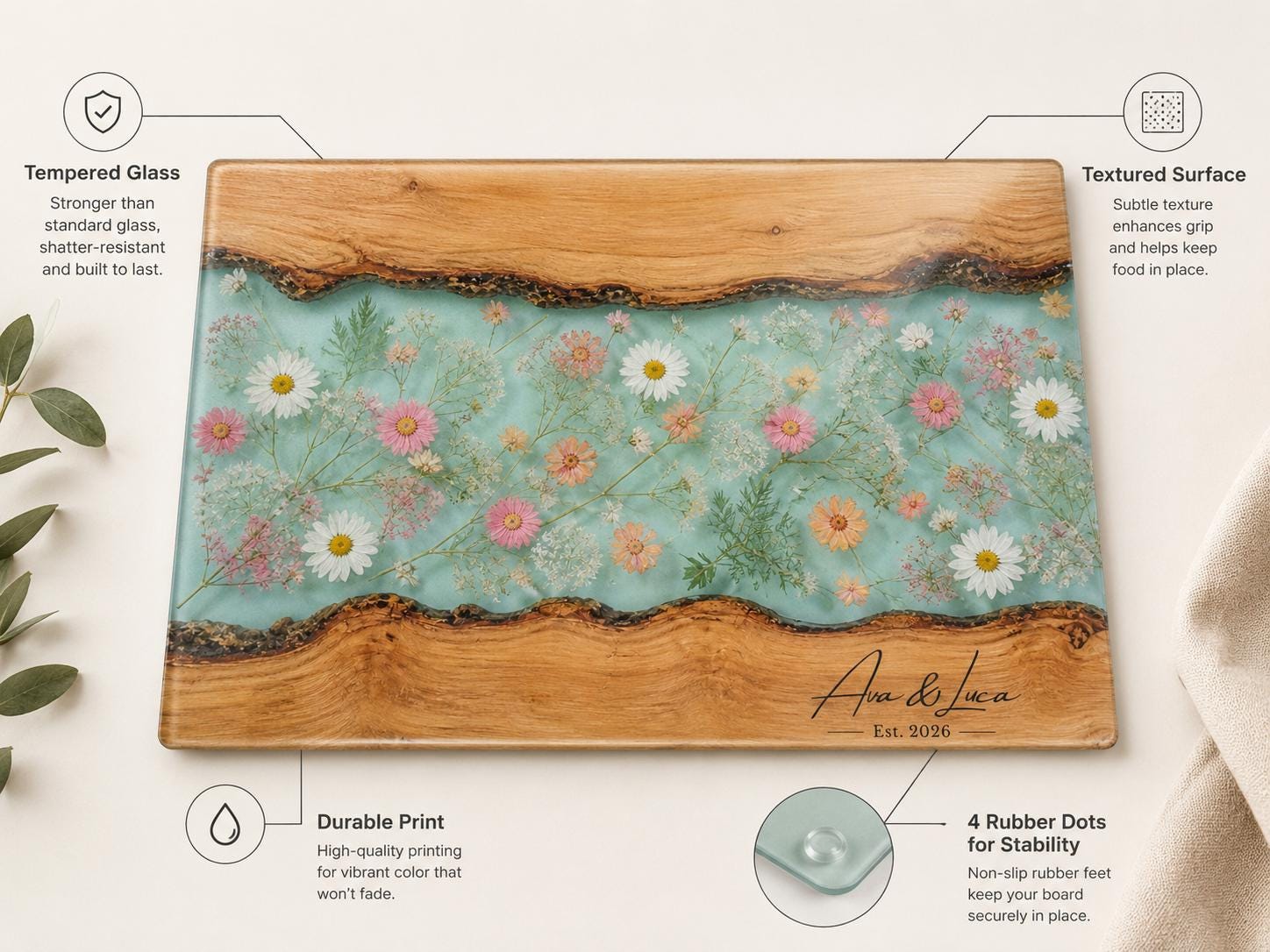 Personalized Glass Cutting Board: Blue Resin Look with Gold Accents