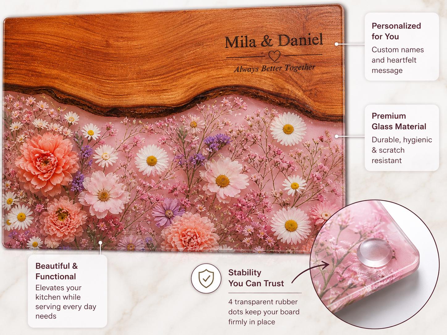 Personalized Glass Cutting Board, Pink Floral Tempered Glass Board, Custom Couple Wedding Gift